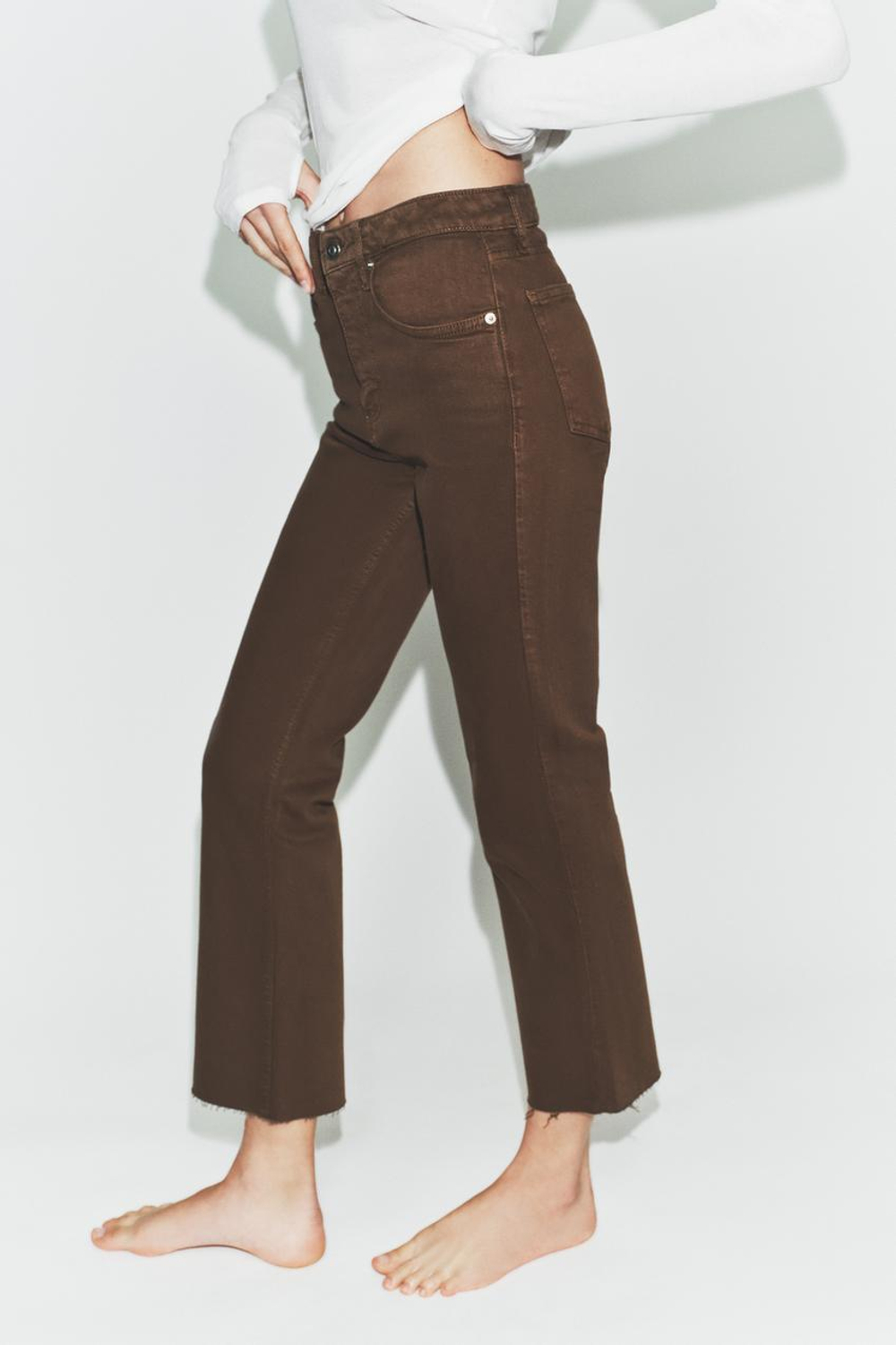 ZARA ДЖИНСЫ TRF CROPPED FLARE С ВЫСОКОЙ ПОСАДКОЙ, КОРИЧНЕВЫЙ