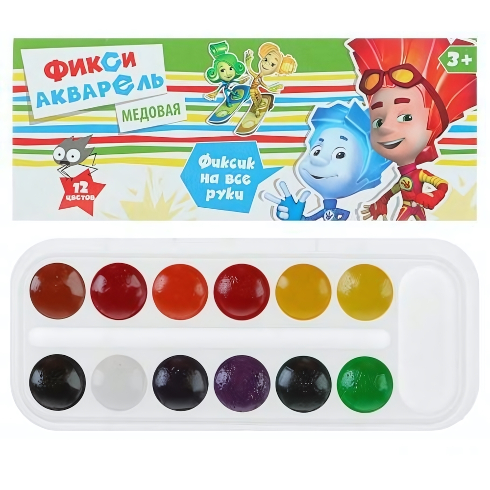 Акварель медовая "Фиксики" 12 цветов, без кисти, картон (Центрум)