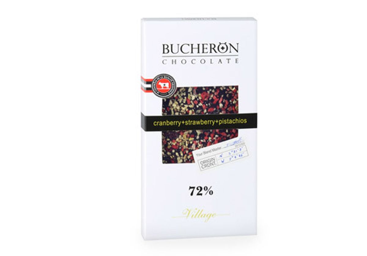 Горький шоколад с клюквой, клубникой и фисташками "Bucheron", 100г