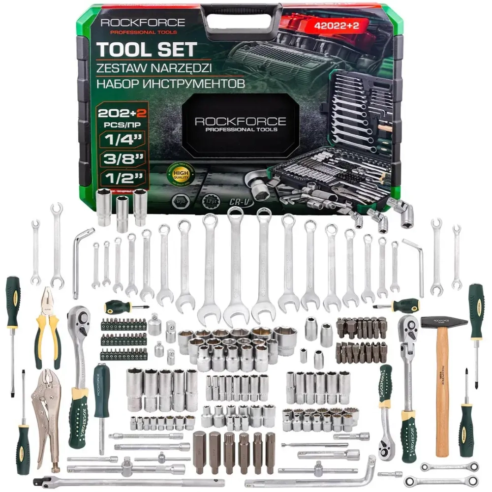 Набор инструментов 202+2пр. 1/4'', 3/8'', 1/2''(6гр.,12гр.) RockFORCE RF-42022+2
