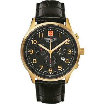 С ремешком Мужские наручные часы с черным кожаным ремешком Swiss Alpine Military 7084.9517 Chronograph 43mm 10ATM
