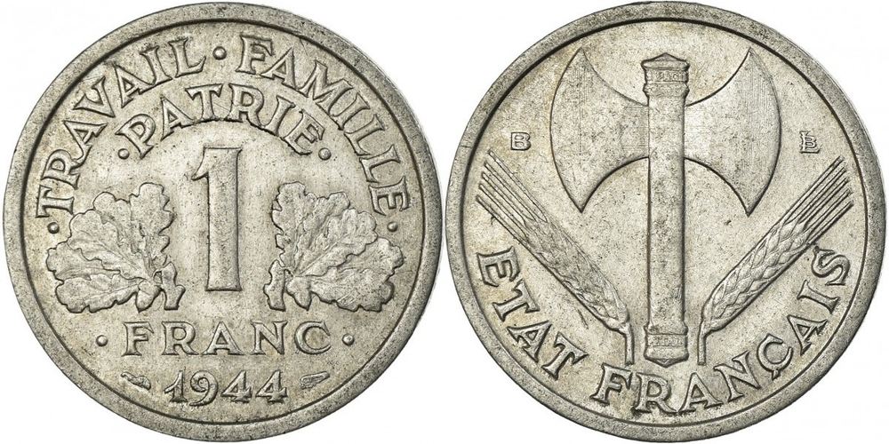 Франция 1 франк, 1942 - 1944 Топор XF
