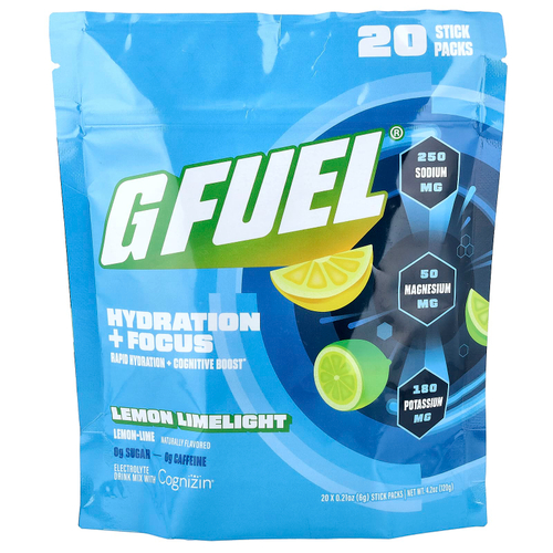 G FUEL, Hydration + Focus, смесь для приготовления электролитического напитка с Cognizin®, лимонный свет, 20 пакетиков по 6 г (0,21 унции)