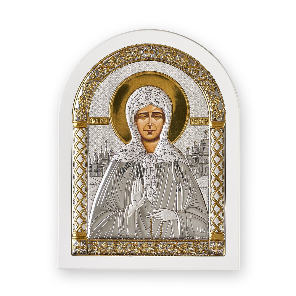 Матрона, икона арочная, белое дерево 105х140
