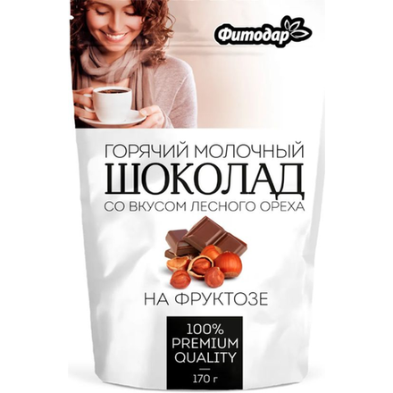 Горячий молочный шоколад со вкусом лесного ореха Фитодар на фруктозе 170 гр