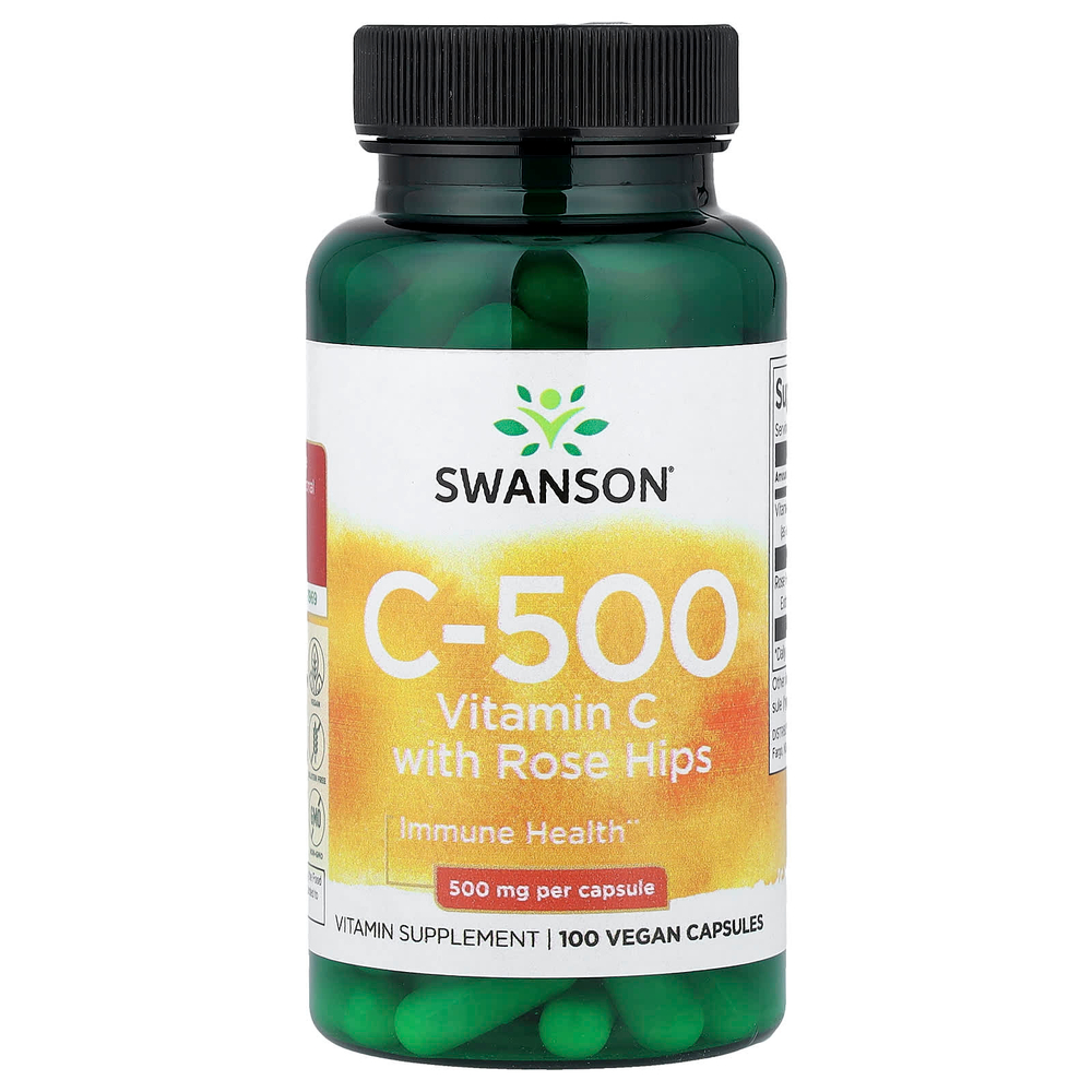 Swanson Vitamins, C-500, витамин C с шиповником, 100 веганских капсул