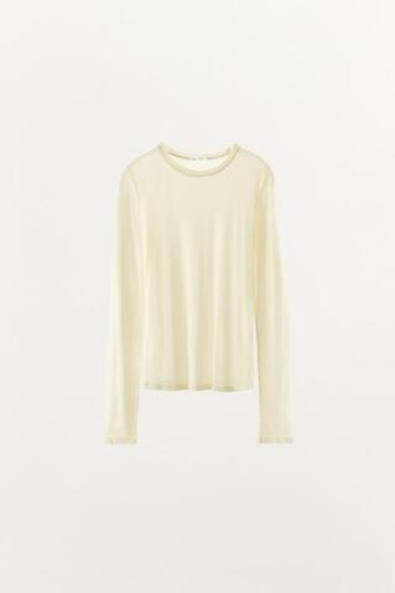 ZARA ФУТБОЛКА ИЗ МОДАЛА И ШЕЛКА С ДЛИННЫМИ РУКАВАМИ, ЭКРЮ