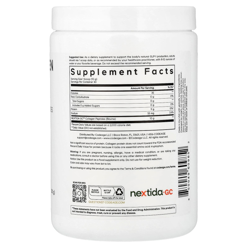 Codeage, Порошок из пептидов коллагена GLP-1, Trim & Glow®, без добавок, 300 г (10,58 унции)