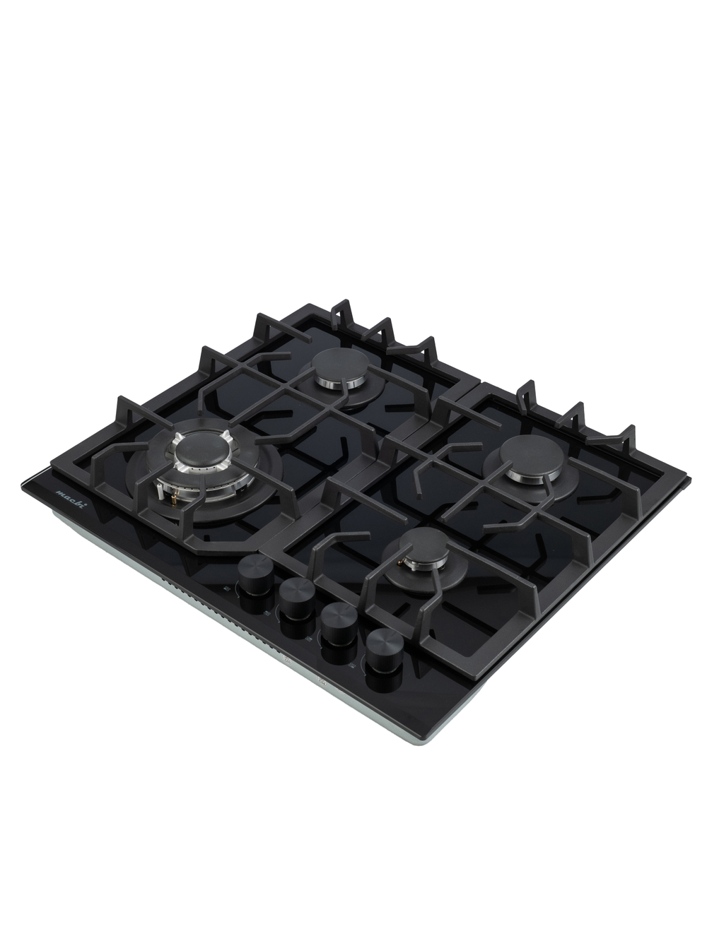 Газовая варочная панель шириной 60 см, Macbi MBH64WFGI.V2-BL Чернаяс Wok-конфоркой, Черное закаленное стекло, Электроподжиг, Газ-контроль, Решетки из чугуна