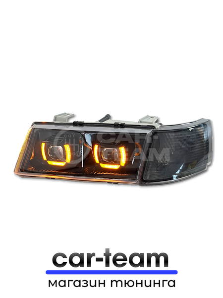 Фары ВАЗ 2110, 2111, 2112 передние с белыми галочками в стиле BMW ver 2.0 c Bi LED модулями, черная маска, тонированные поворотники