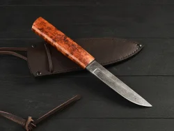 Нож шейный Ханты-Манси, дамасская сталь, рукоять мореная карельская берёза