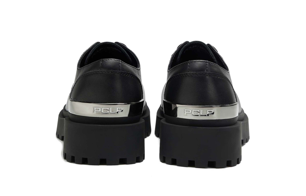 PCLP Cow Leather Round Tip Metal Plate Fashion Casual Derby Shoes Unisex Black