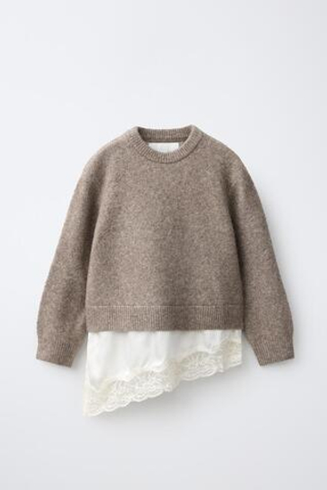 ZARA СВИТЕР С КРУЖЕВНОЙ ОТДЕЛКОЙ, СЕРОВАТО-КОРИЧНЕВЫЙ
