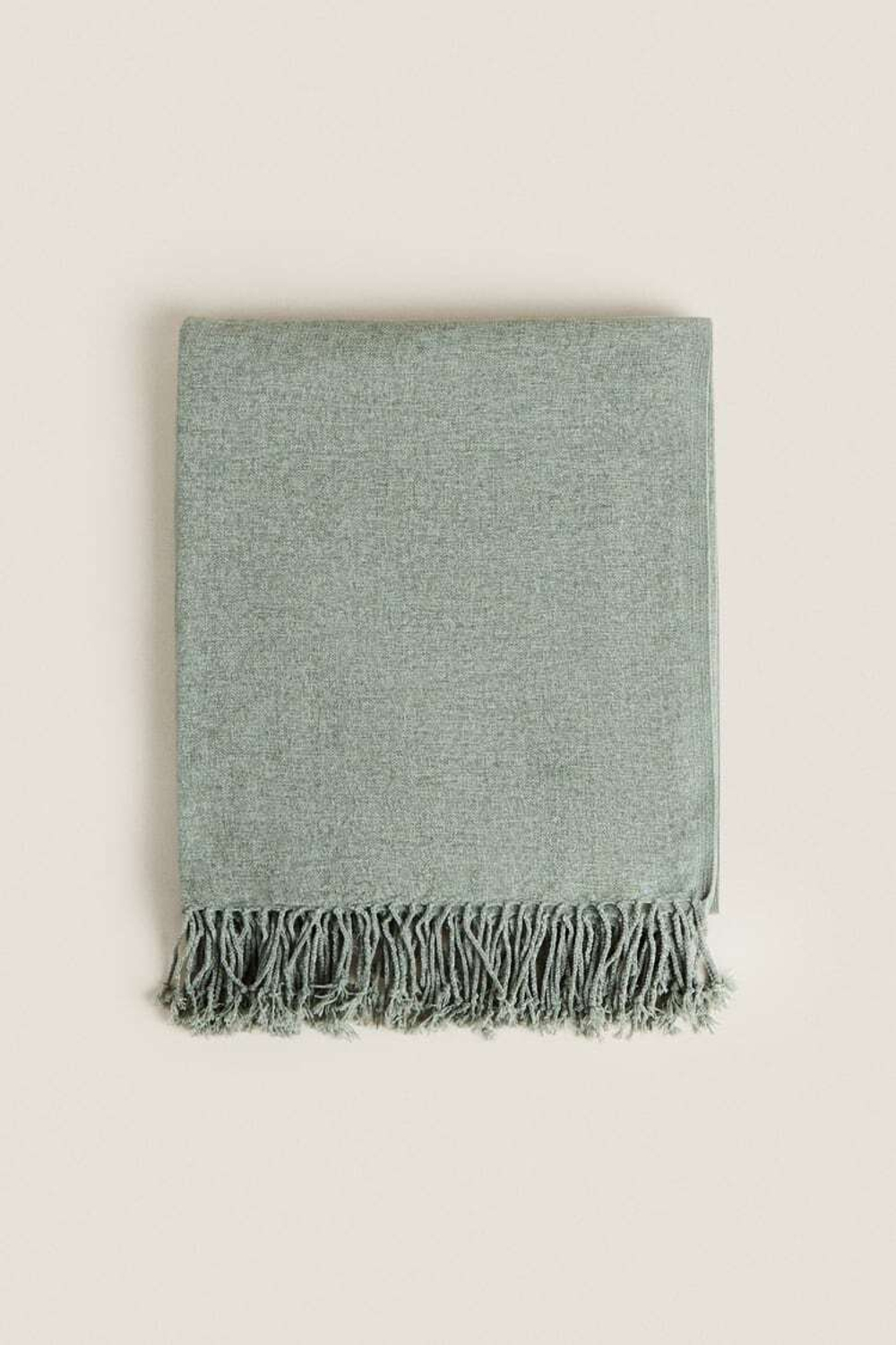 ZARA HOME МЯГКОЕ ПОКРЫВАЛО С БАХРОМОЙ, СИНЕ-ЗЕЛЕНЫЙ