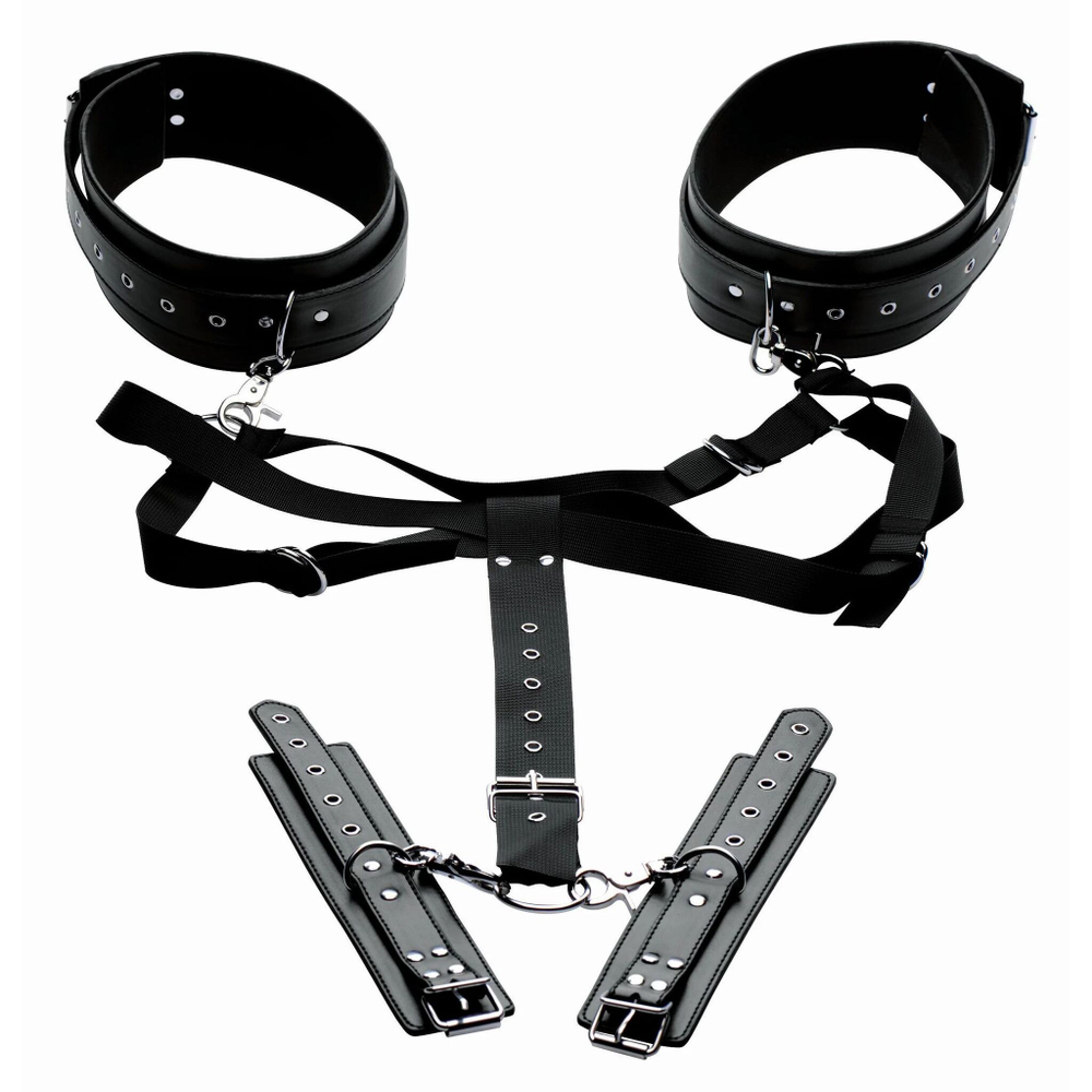 Черная бондажная система Acquire Easy Access Thigh Harness with Wrist Cuffs (Цвет: черный)