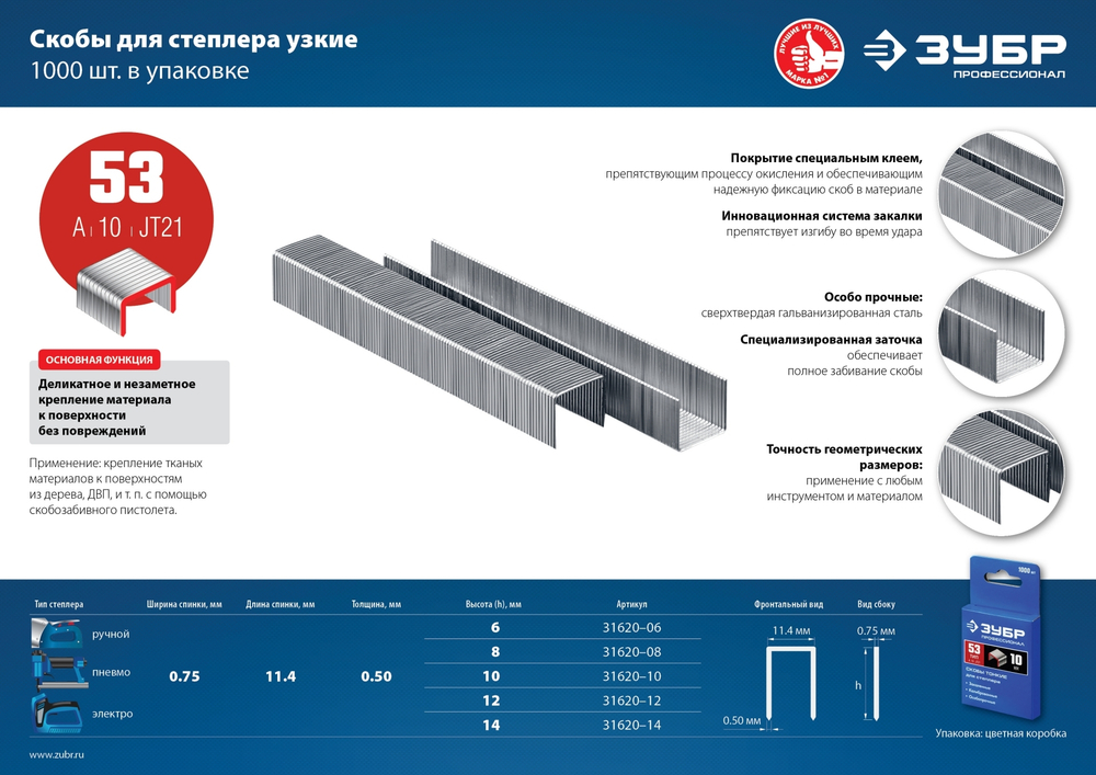 ЗУБР тип 53 (A/10/JT21), 10 мм, 1000 шт, калибр 23GA, скобы для степлера, Профессионал (31620-10)
