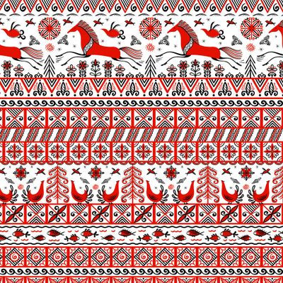 Скачущие лошади, птицы, солнце. Мезенская роспись. (Дизайнер Irina Skaska)