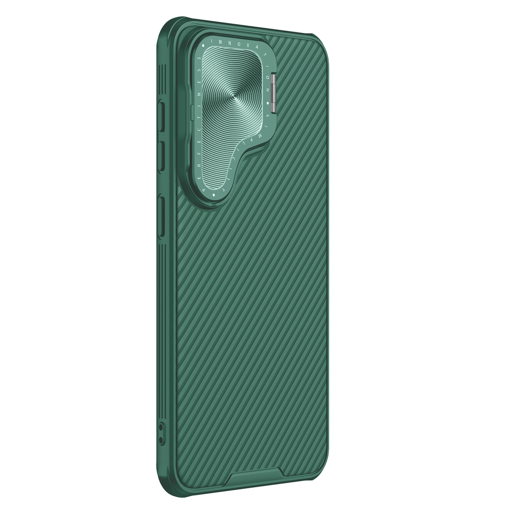 Чехол зеленого цвета (Deep Green) с металлической откидной крышкой для камеры на Samsung Galaxy S24 от Nillkin, серия CamShield Prop Case