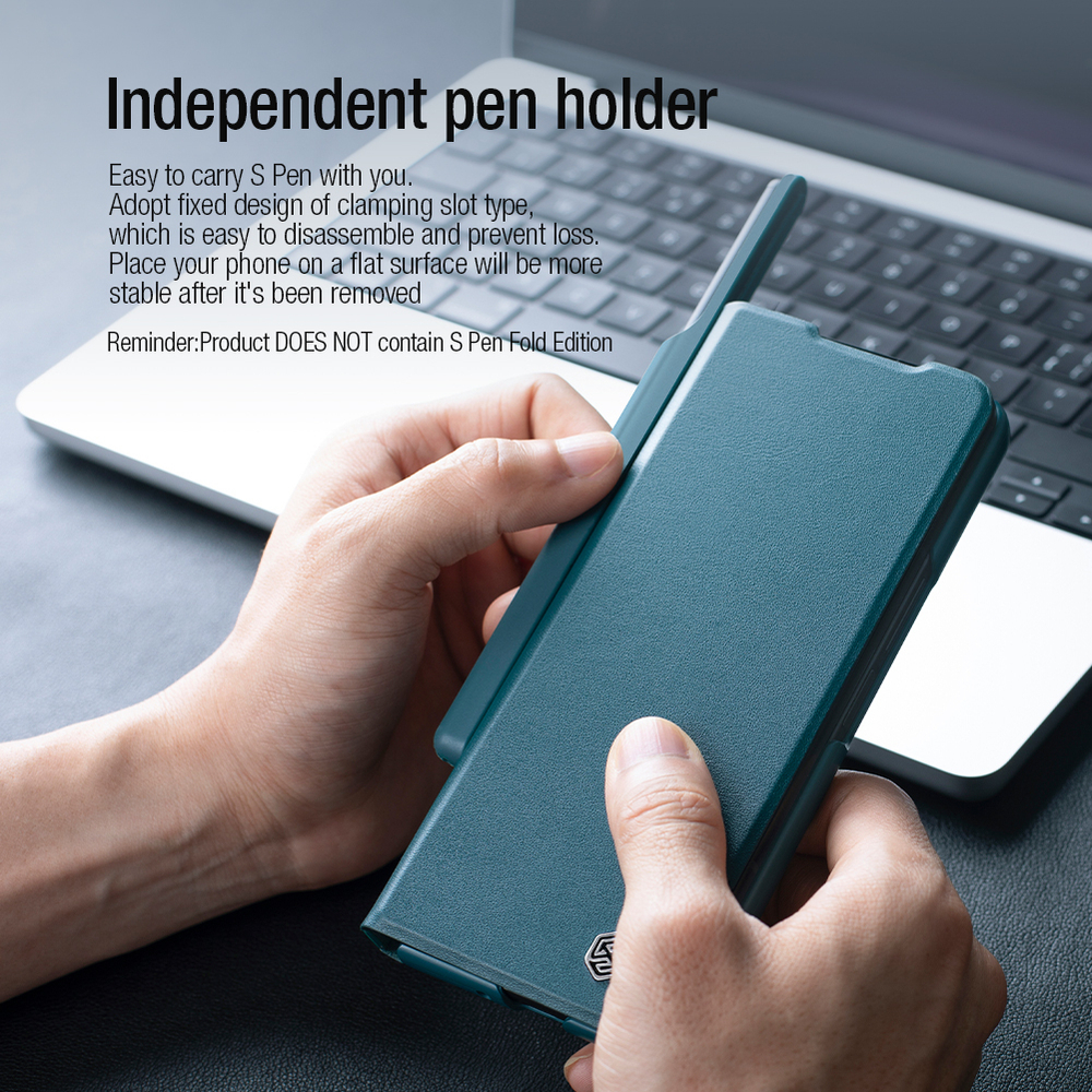 Кожаный чехол зеленого цвета (Exuberant Green) от Nillkin для Samsung Galaxy Z Fold 3, с держателем для S Pen, серия Qin Leather