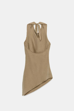 ZARA ЛЬНЯНОЙ ТОП АСИММЕТРИЧНОГО КРОЯ С ГОРЛОВИНОЙ ХАЛТЕР, ПЕСОЧНЫЙ