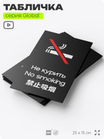 Табличка Не курить, на дверь и стену, информационная и мультиязычная (русский, английский, китайский), серия GLOBAL, 25х15 см, Айдентика Технолоджи