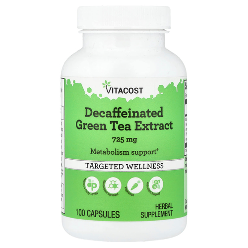 Vitacost, экстракт зеленого чая без кофеина, 725 мг, 100 капсул