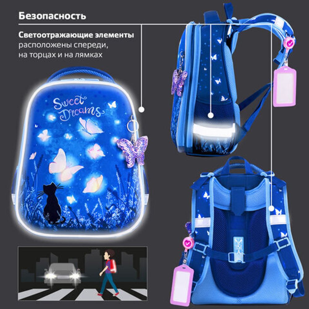 Ранец BRAUBERG PREMIUM, 2 отделения, с брелком, "Sweet dreams", СВЕТЯЩИЙСЯ, 38х29х16 см, 270593