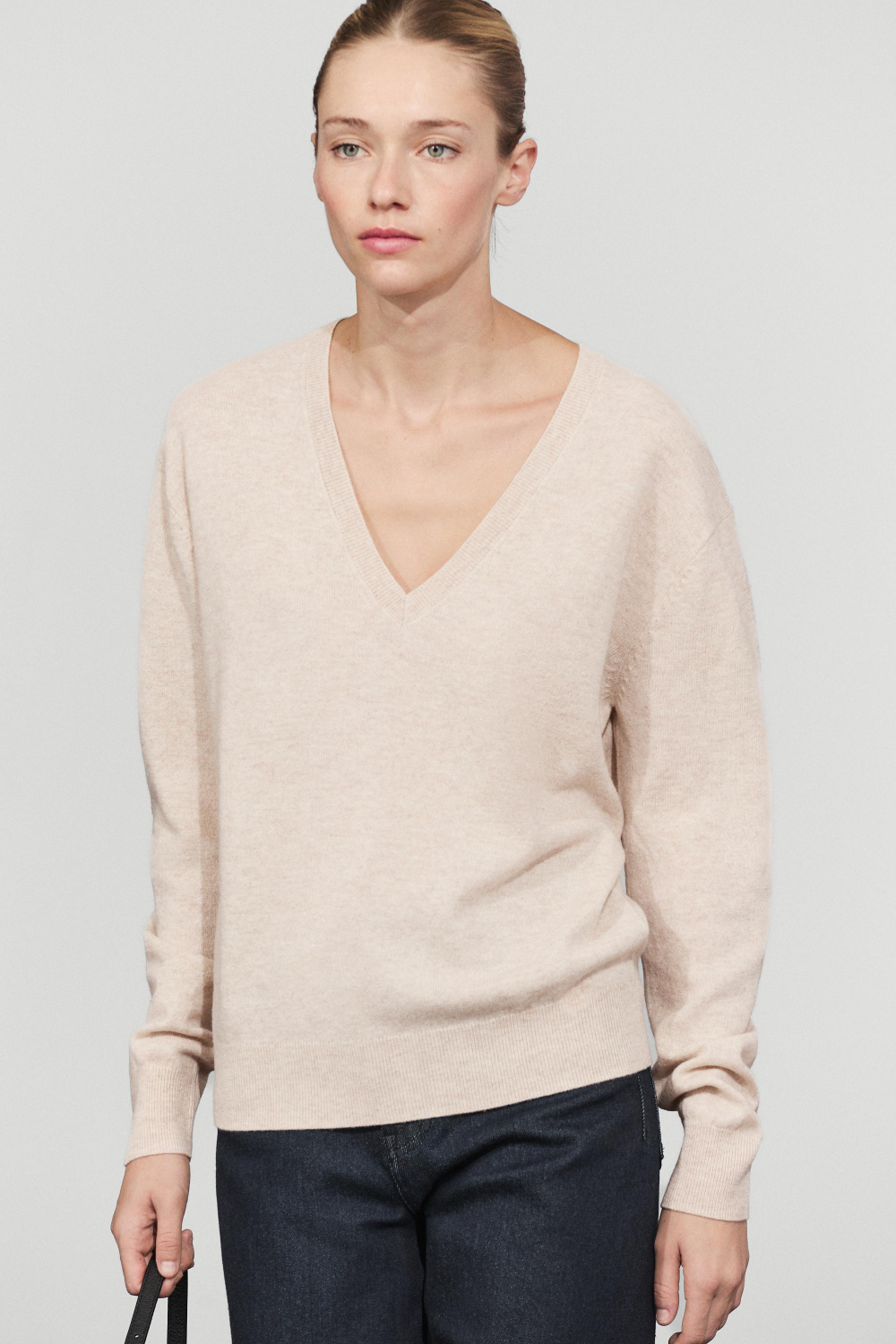 Massimo Dutti Свитер из 100% шерсти с V-образным вырезом, натуральный/кремовый
