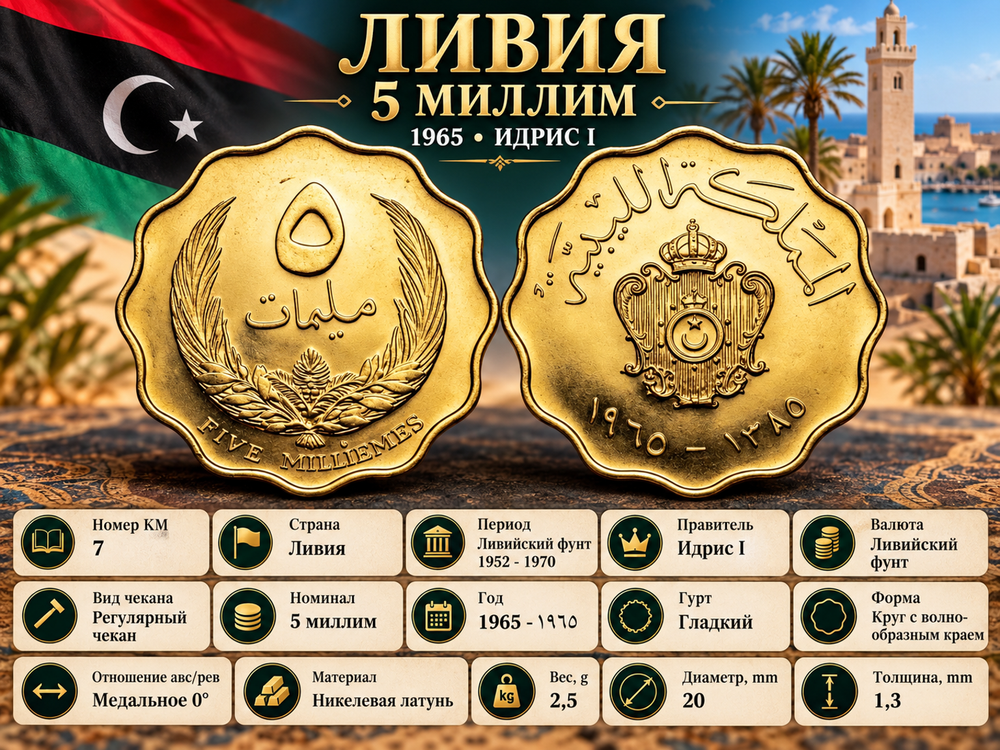 Ливия 5 миллим, 1965 Идрис I aUNC