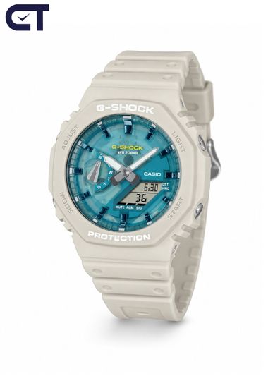 CASIO GA-2100AS-5ADR G-SHOCK мужские наручные часы — песочно-бежевая G-SHOCK с бирюзовыми акцентами
