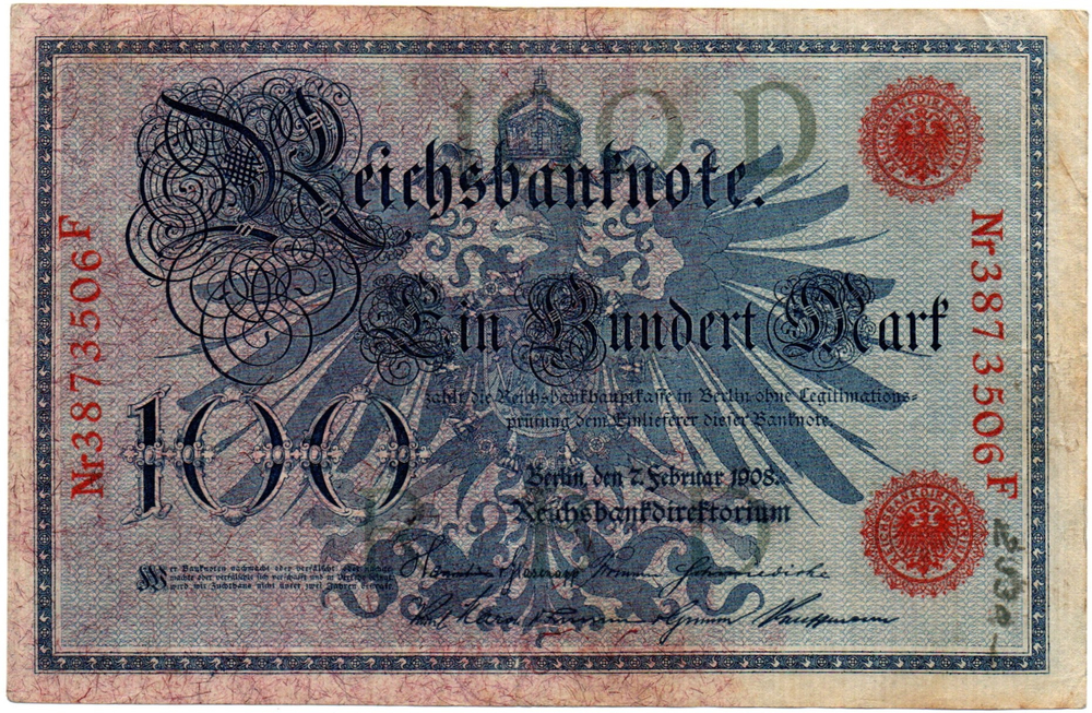 Банкнота 100 марок 1908 год Германская Империя - красные печати
