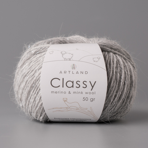 Classy, пряжа с люрексом и пайетками, шелк-5%, мериносовая шерсть-20%, нейлон-30%, норка-45%, 50 гр, 240 м, серый меланж