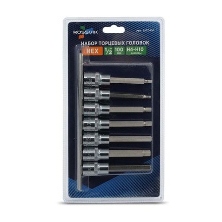 Набор головок со вставкой на держателе ROSSVIK SST0410, 1/2", HEX H4-H10, L-100 мм, 7 предметов