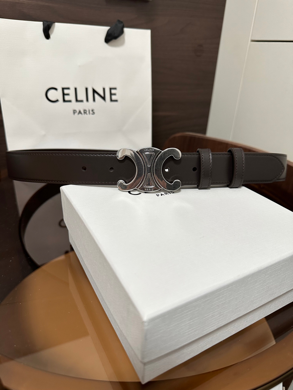 Женский ремень Celine Triomphe 30 мм — тёмно-коричневый — фото 5