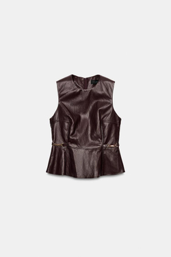 ZARA ТОП ИЗ ИСКУССТВЕННОЙ КОЖИ С ЗОЛОТЫМИ АППЛИКАЦИЯМИ, БУРГУНДИ