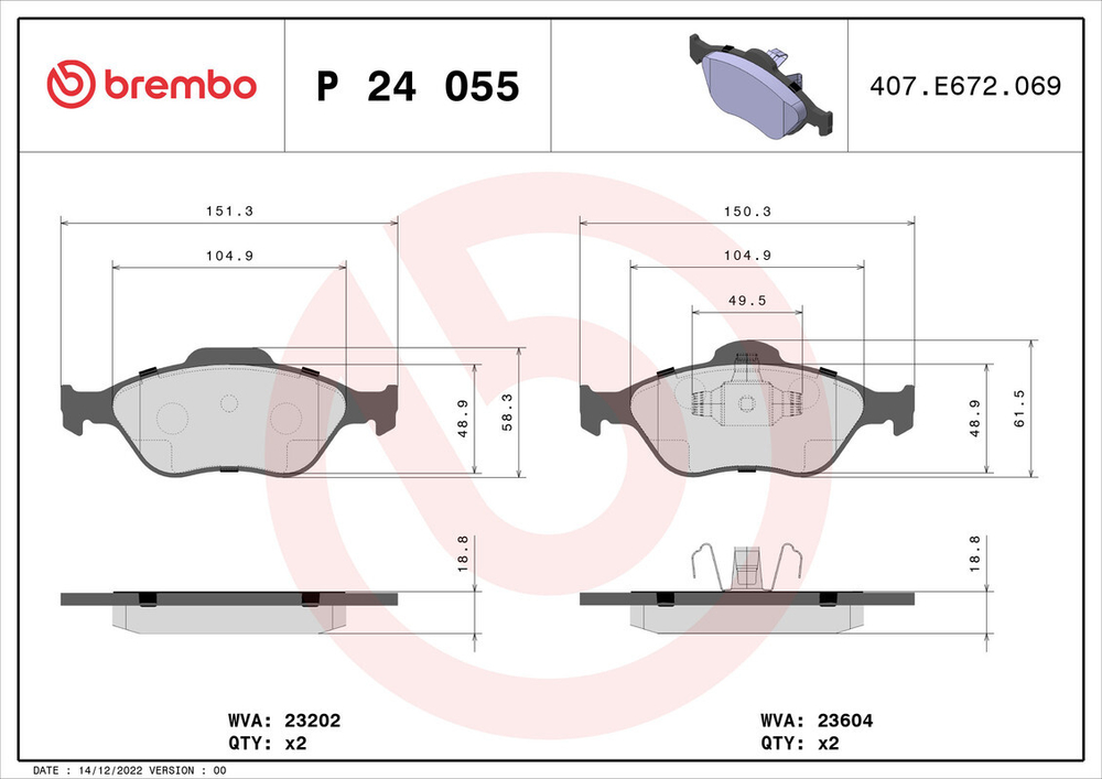 BREMBO - P24055-BRB - Brake Pad Set, disc brake