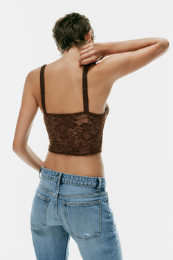 ZARA КОМБИНИРОВАННЫЙ КОРСЕТНЫЙ ТОП С КРУЖЕВОМ, СВЕТЛО-КОРИЧНЕВЫЙ