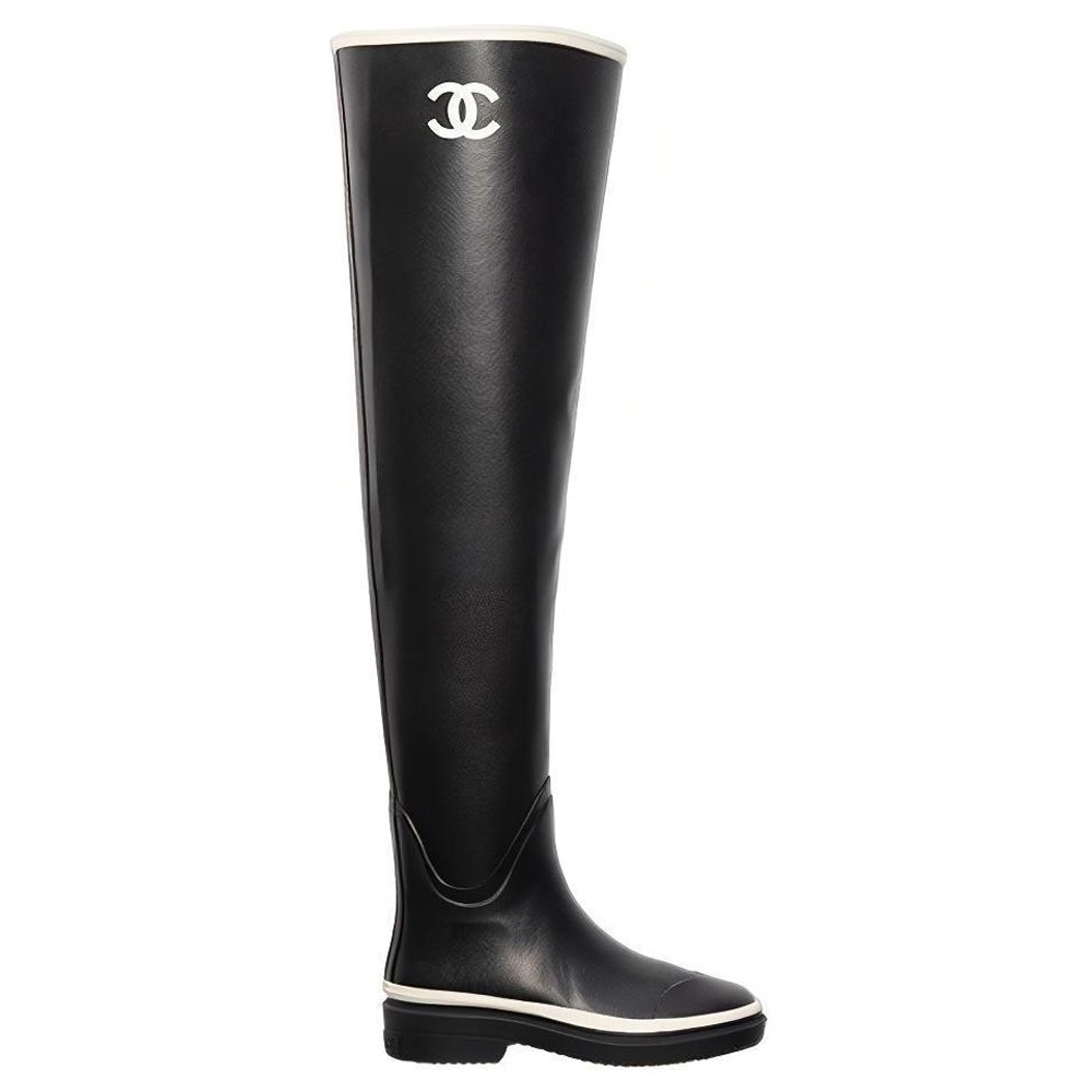 CHANEL Thigh High Rubber Rain Boots Black Women"s