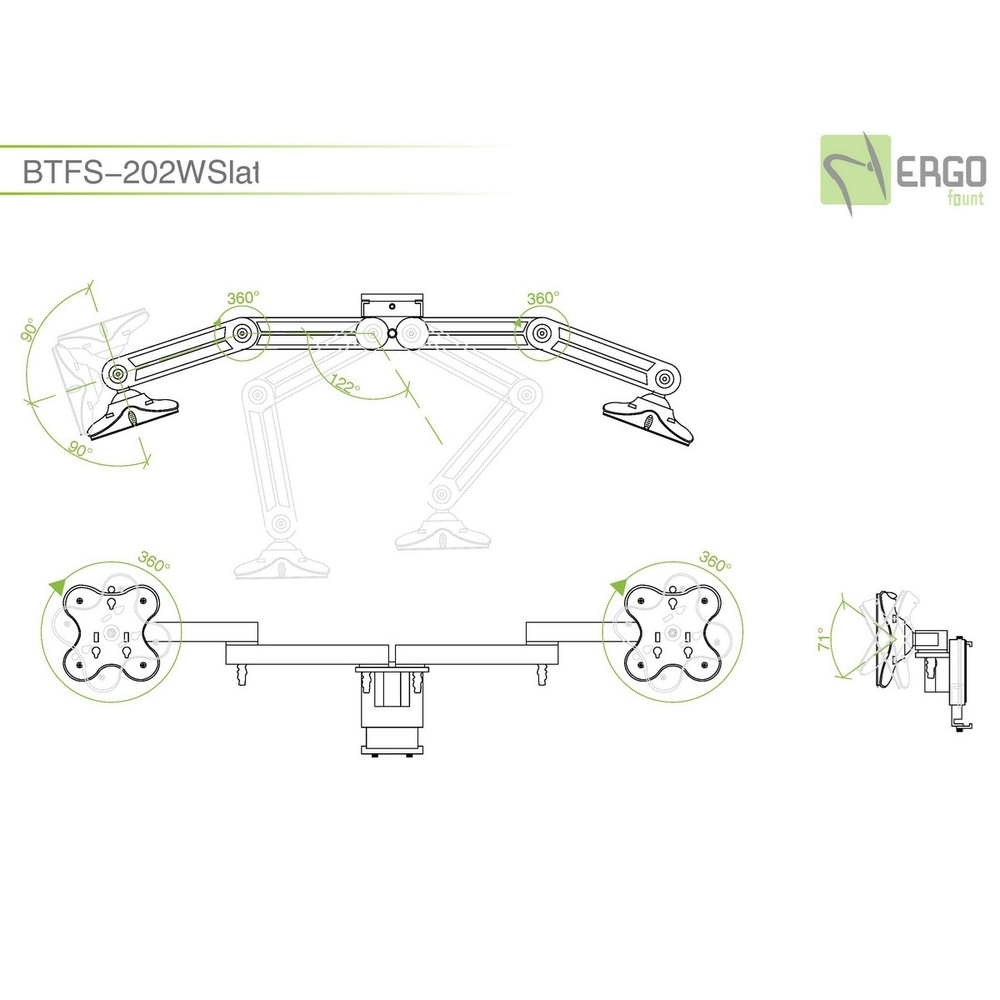 ErgoFount BTFS-202WSlat Крепление на перегородку для 2 мониторов диагональю до 24'' с шарнирными двухколенными вылетами. Цвет - серебристый