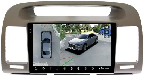 Магнитола для Toyota Camry 30 2001-2006 (рамка оливковая) - Teyes CC3-2K-360 монитор 9.5" 2K QLED на Android 10, Быстрая, CarPlay, 4G SIM-слот, 4 камеры в комплекте