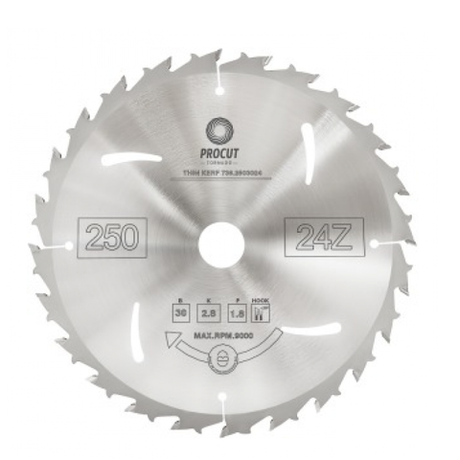 Пильный диск PROCUT 250 x 30 x 2.8 / 1.8 Z 24 ATB для продольного пиления по дереву, фанере 736.2503024