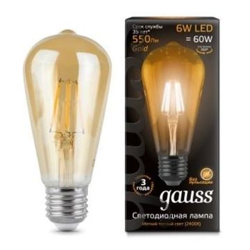 Лампа Gauss LED Filament ST64 E27 6W Golden 2400К 102802006