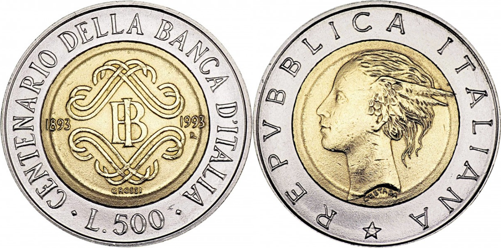Италия 500 лир, 1993 100 лет Банку Италии
