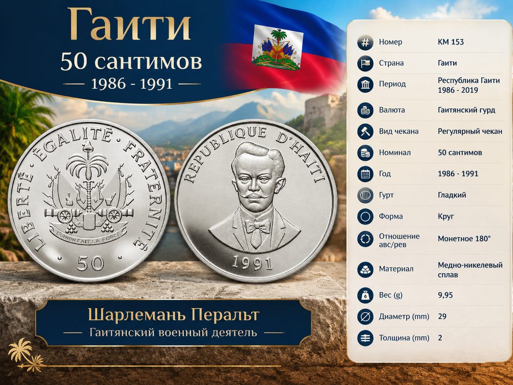 Гаити 50 сантимов, 1991 Шарлемань Перальт UNC