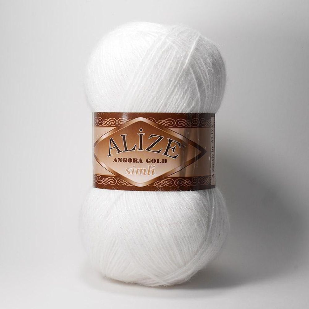 ALIZE "Angora Gold Simli", 10% мохер, 10% шерсть, 5% металлик - 75% Акрил, 100 гр, 550 м, 55 белый