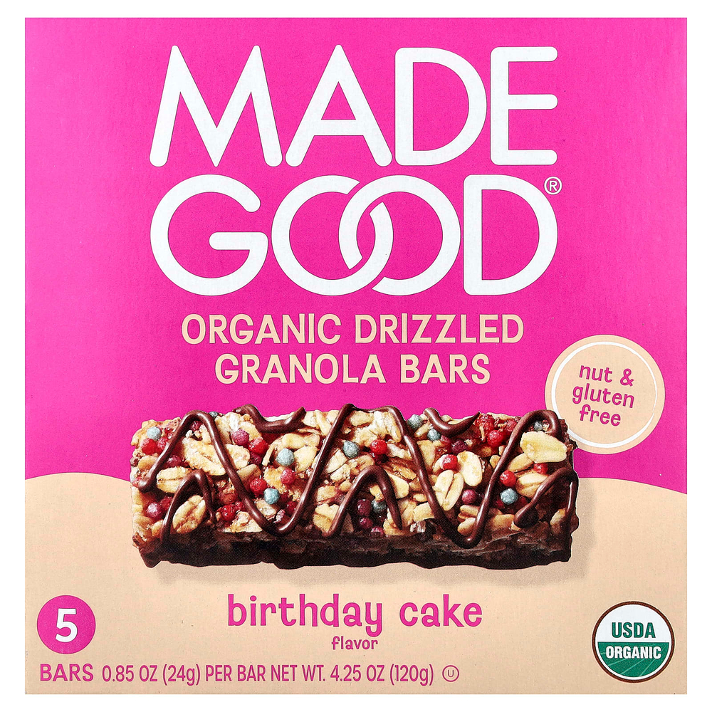 MadeGood, батончики-мюсли, органическая посыпка, торт, 5 батончиков по 24 г (0,85 унции)