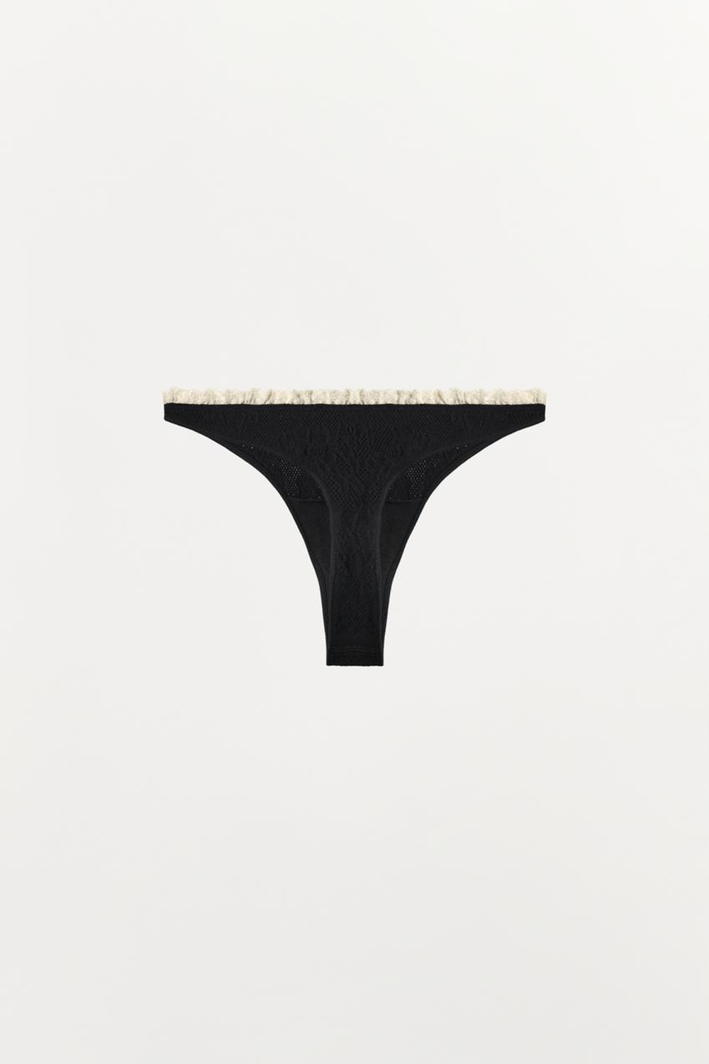 ZARA БЕСШОВНЫЕ КРУЖЕВНЫЕ ТРУСЫ ТАНГА, ЧЕРНЫЙ