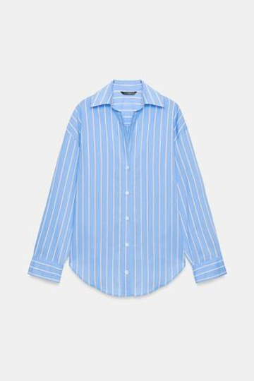 ZARA БАЗОВАЯ РУБАШКА ИЗ ПОПЛИНА, СИНИЙ/БЕЛЫЙ
