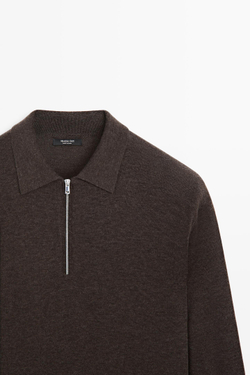 Massimo Dutti Вязаный свитер из шерстяной смеси с застежкой-молнией на четверть длины, шоколадно-коричневый