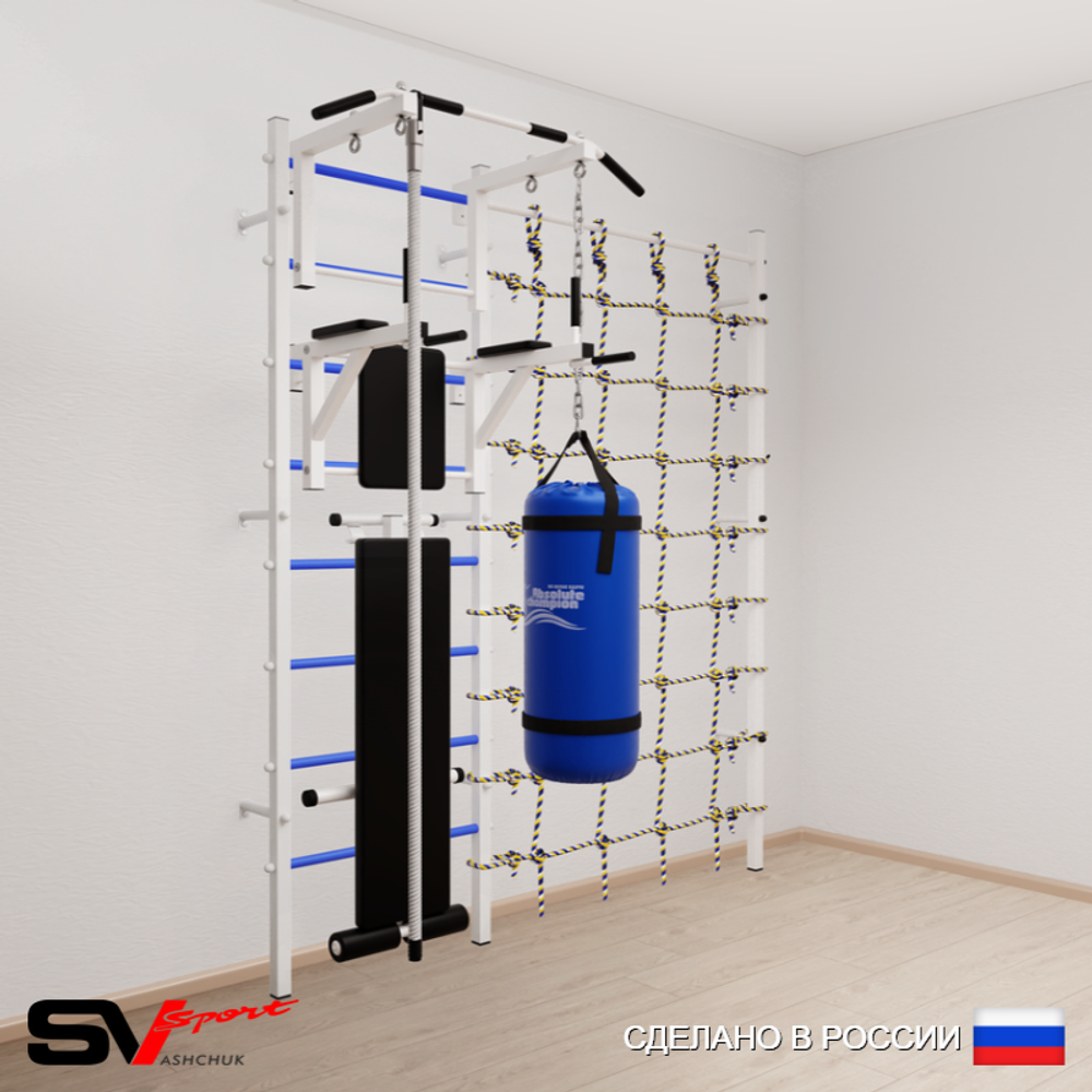 Шведская стенка Sv Sport усиленная 68010 (Турник стандарт/Брусья/Скамья/Канат/Цепь/Мешок 15кг/Канатный лаз)
